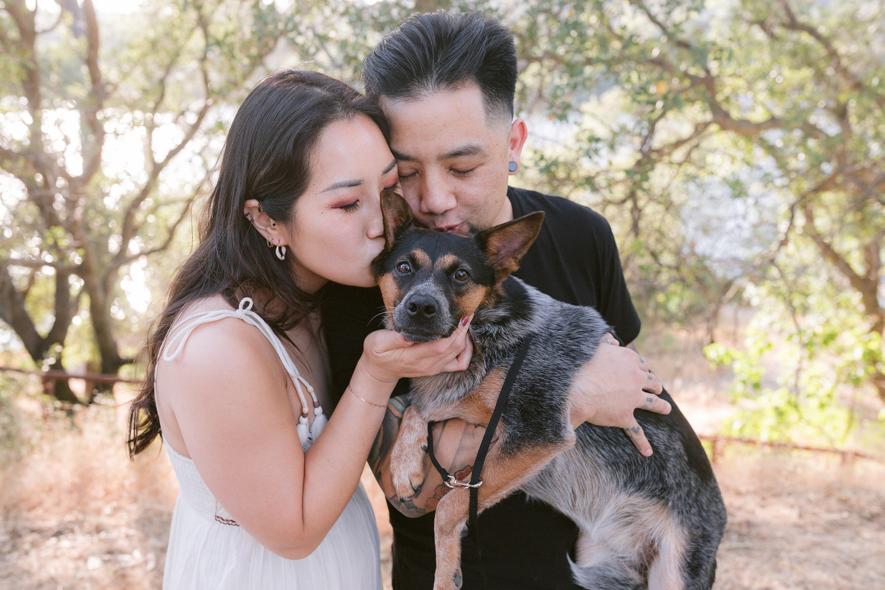 Engaged couple kissing their dog Mila on the head during Folsom engagement photos at Rainbow Bridge